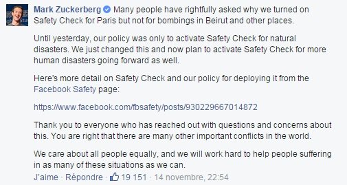 Facebook a activé le “Safety check” pour Paris et pas pour Beyrouth? Facebook a activé le “Safety check” pour Paris et pas pour Beyrouth?
