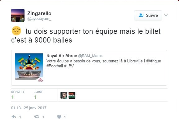 RAM baisse ses tarifs vers Libreville pour les supporters de l'équipe nationale RAM baisse ses tarifs vers Libreville pour les supporters de l'équipe nationale