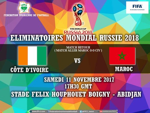 Russie 2018: Maroc-Côte d'Ivoire, le 11 novembre à 17h30 GMT Russie 2018: Maroc-Côte d'Ivoire, le 11 novembre à 17h30 GMT