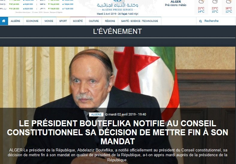 Algérie: l'armée obtient la démission immédiate de Bouteflika Algérie: l'armée obtient la démission immédiate de Bouteflika