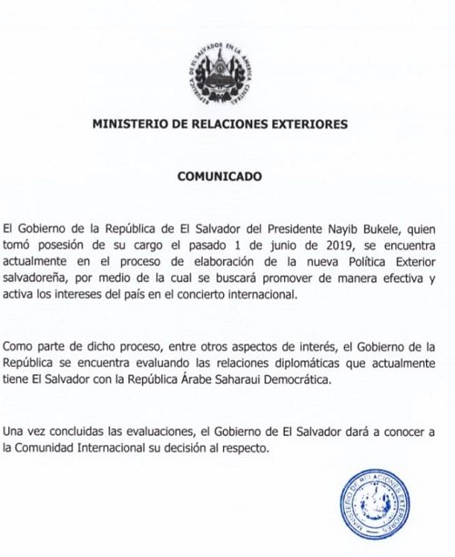 Le Salvador réévalue ses relations avec la “rasd” Le Salvador réévalue ses relations avec la “rasd”