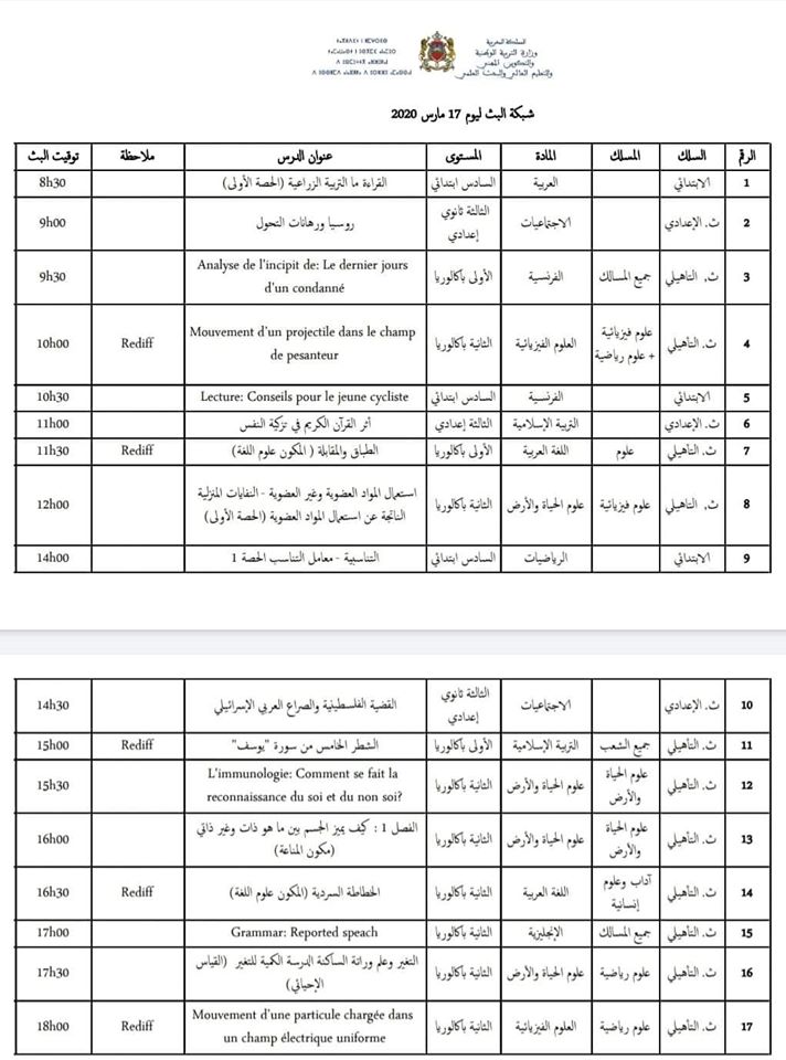 Cours à distance: le programme du mardi 17 mars sur la chaîne Attaqafiya Cours à distance: le programme du mardi 17 mars sur la chaîne Attaqafiya
