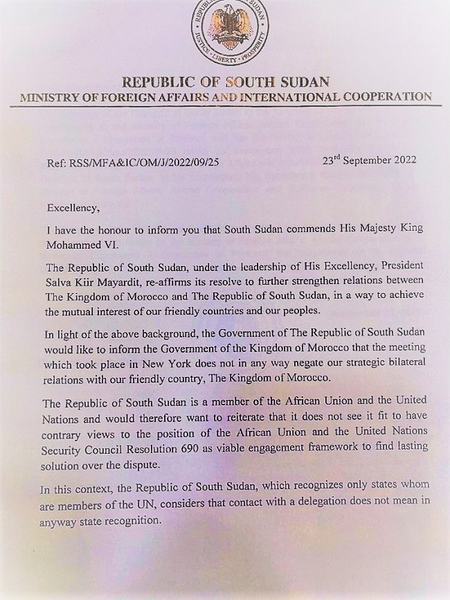 Le Soudan du Sud dément avoir reconnu la “rasd” Le Soudan du Sud dément avoir reconnu la “rasd”