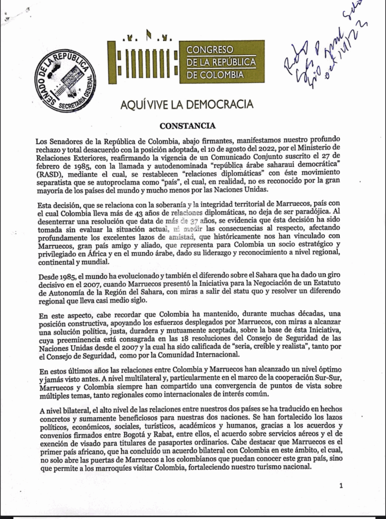 Le Sénat colombien rejette la décision du président de reconnaître le polisario Le Sénat colombien rejette la décision du président de reconnaître le polisario