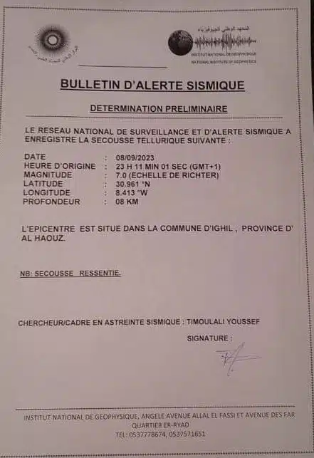 Un séisme de magnitude 7 degrés sur Richter dans le Haouz, ressenti dans tout le Maroc Un séisme de magnitude 7 degrés sur Richter dans le Haouz, ressenti dans tout le Maroc