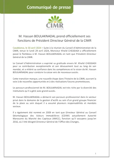 Hassan Boulaknadal prend ses fonctions à la tête de la CIMR Hassan Boulaknadal prend ses fonctions à la tête de la CIMR