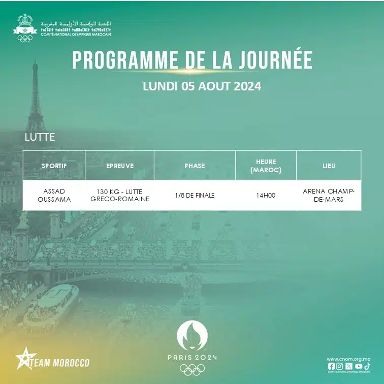 JO 2024. Le programme des athlètes marocains pour ce lundi 5 août JO 2024. Le programme des athlètes marocains pour ce lundi 5 août