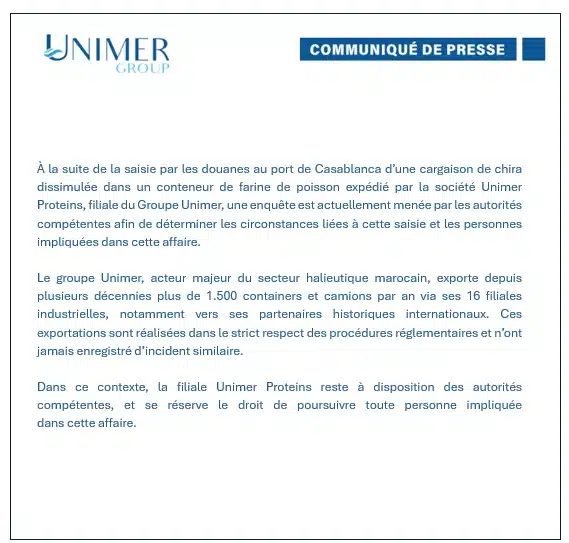 Unimer se met à la disposition des autorités après la saisie de Chira dans un conteneur au port Unimer se met à la disposition des autorités après la saisie de Chira dans un conteneur au port