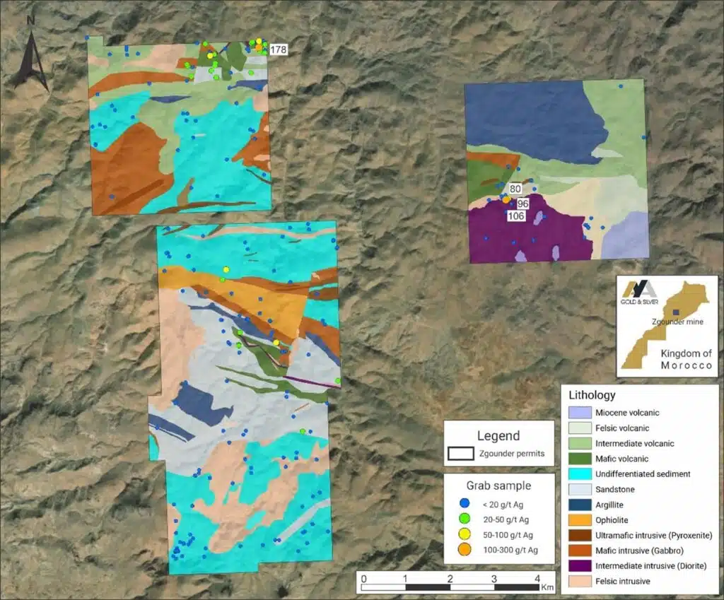 Mines. Aya Gold & Silver développe de nouveaux indices prometteurs autour de la mine Zgounder Carte montrant la répartition des teneurs des échantillons d'argent dans le bloc de Zgounder Far East (voir la région nord et centre)