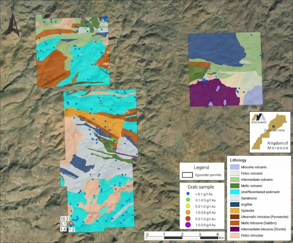 Mines. Aya Gold & Silver développe de nouveaux indices prometteurs autour de la mine Zgounder Carte montrant la répartition des teneurs des échantillons d'or dans le bloc de Zgounder Far East (voir la région sud)