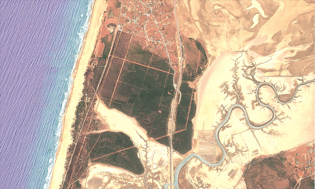 Vues du ciel, les traces du feu de forêt de Houara près de Tanger (images satellite) Une image satellite de la forêt située au sud de Tanger avant le feu de forêt du 26 mai 2025