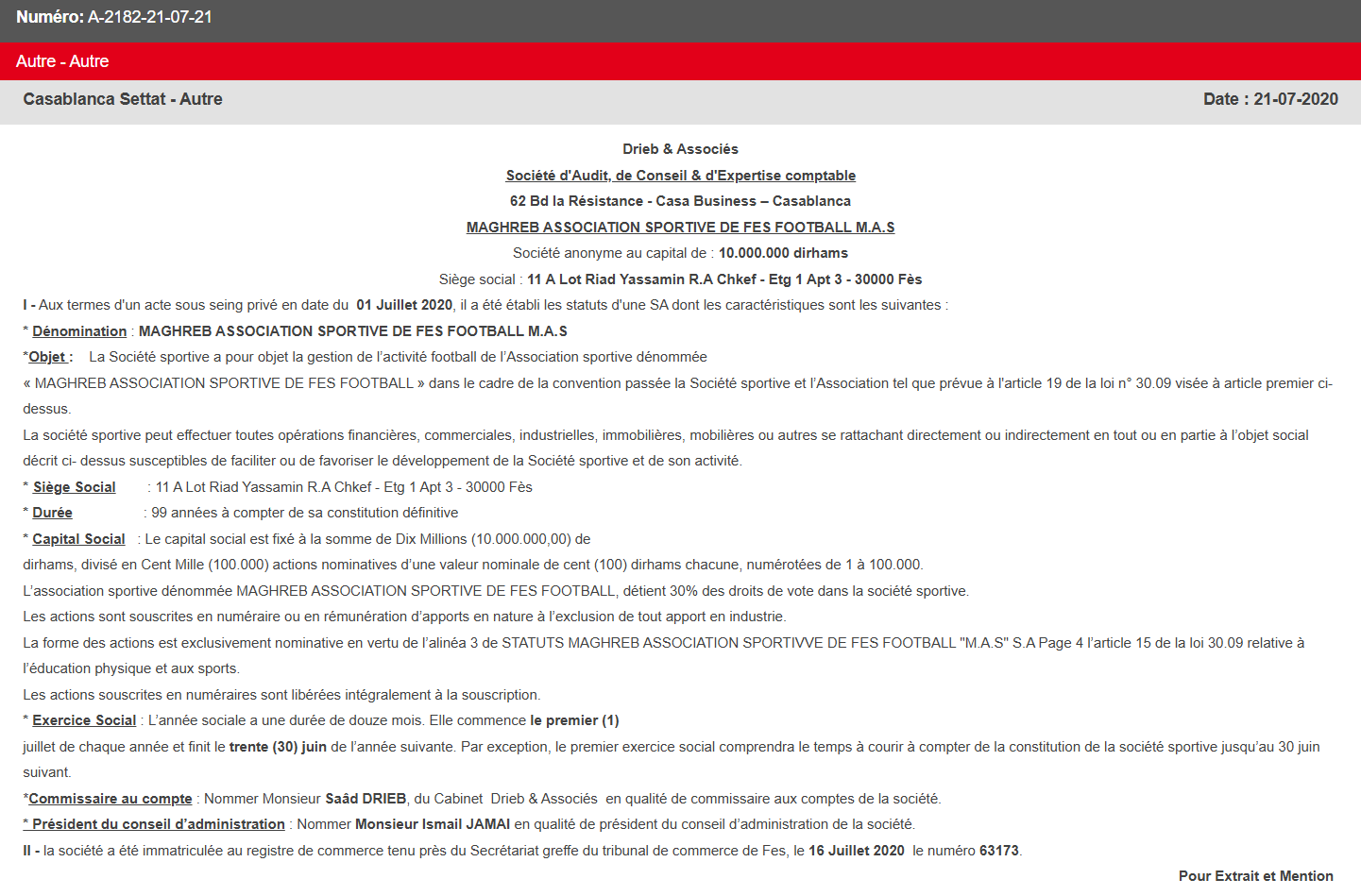 Société MAS SA. Omar Bennis ouvre la voie à une révision de la procédure Société MAS SA. Omar Bennis ouvre la voie à une révision de la procédure
