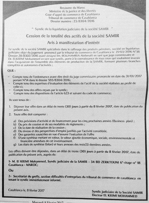 Samir: Un appel à manifestation d'intérêt a été publié par le syndic