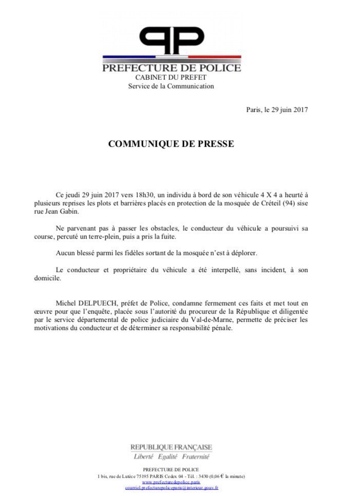 France: un individu a tenté de foncer sur des personnes à la sortie d'une mosquée