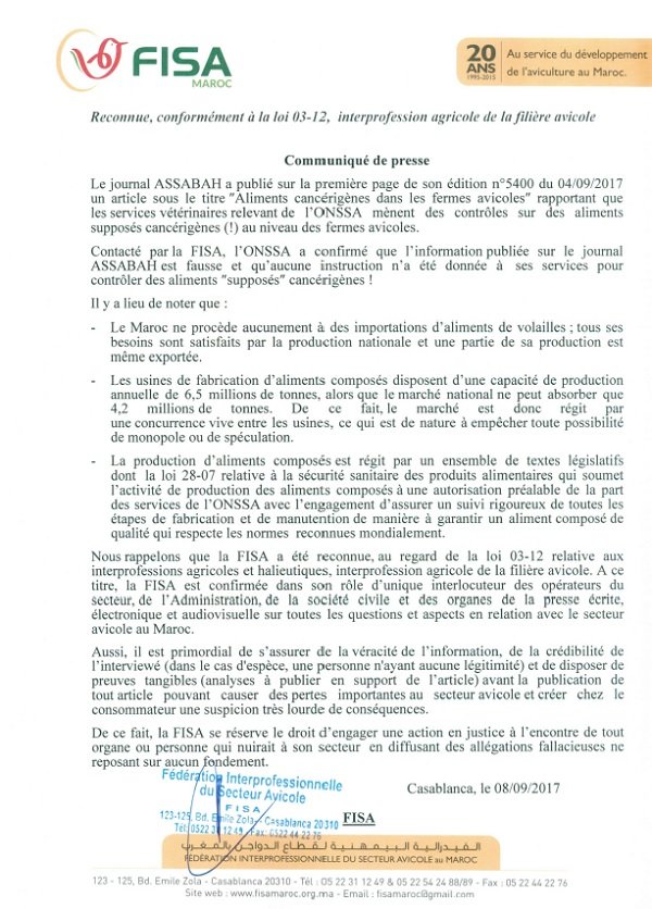 FISA: Pas d’alimentation de volaille cancérigène au Maroc