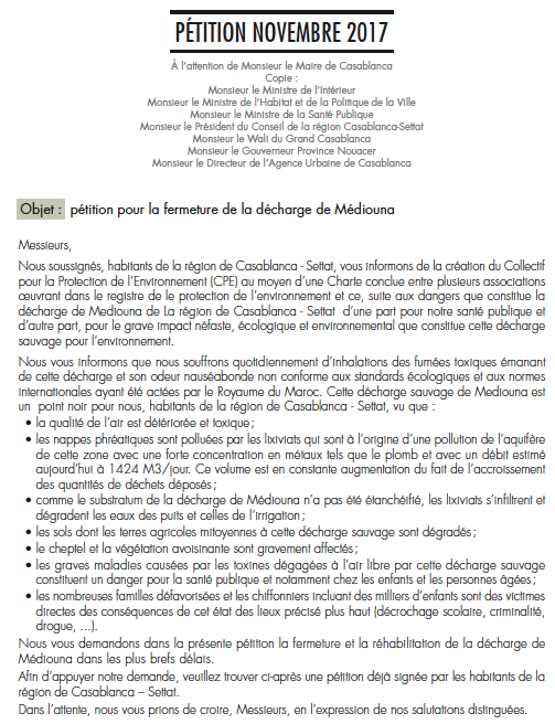 Une charte et une pétition légale pour la fermeture de la décharge de Médiouna