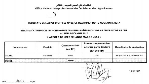 Gromic remporte l'appel d'offres pour l'importation de 30.000 T de blé tendre américain