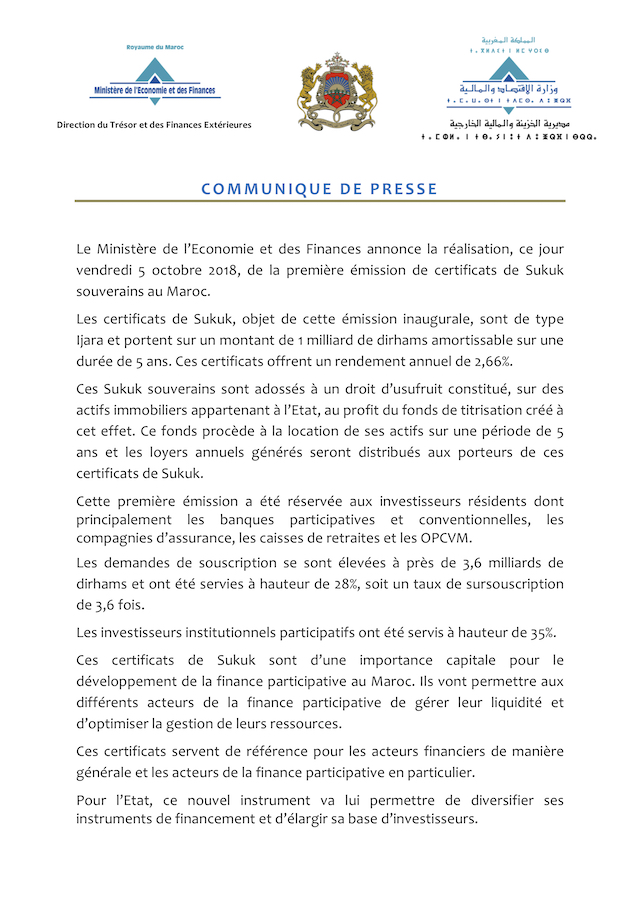 La première émission de sukuk souverains souscrite 3,6 fois