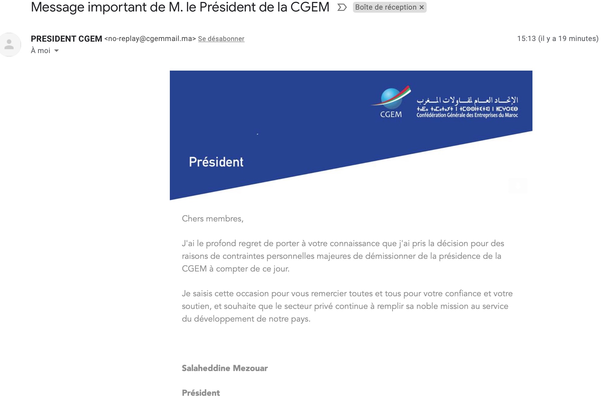 Salaheddine Mezouar démissionne de la CGEM