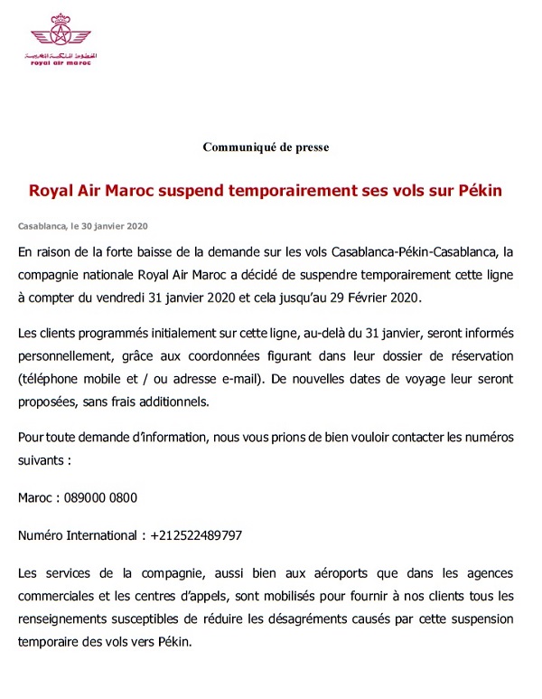 La RAM suspend ses vols vers Pékin