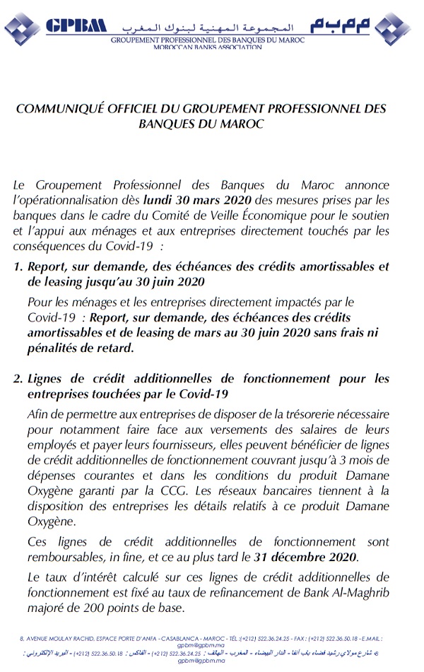 GPBM: reports d'échéances et lignes additionnelles de fonctionnement dès lundi