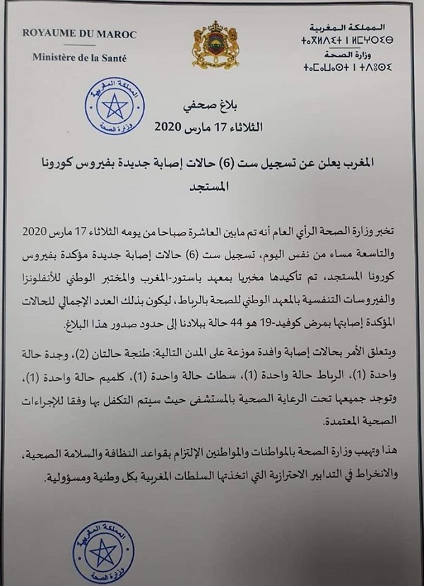 Coronavirus: 6 nouveaux cas au Maroc, le bilan grimpe à 44 cas confirmés