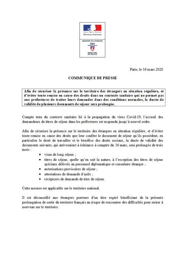 Coronavirus: la France prolonge la durée des documents de séjour des étrangers