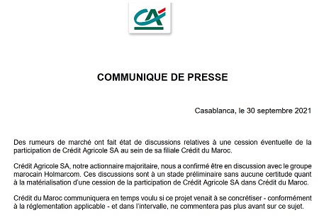 Holmarcom et Crédit du Maroc confirment des négociations &ldquo;au stade préliminaire&rdquo;