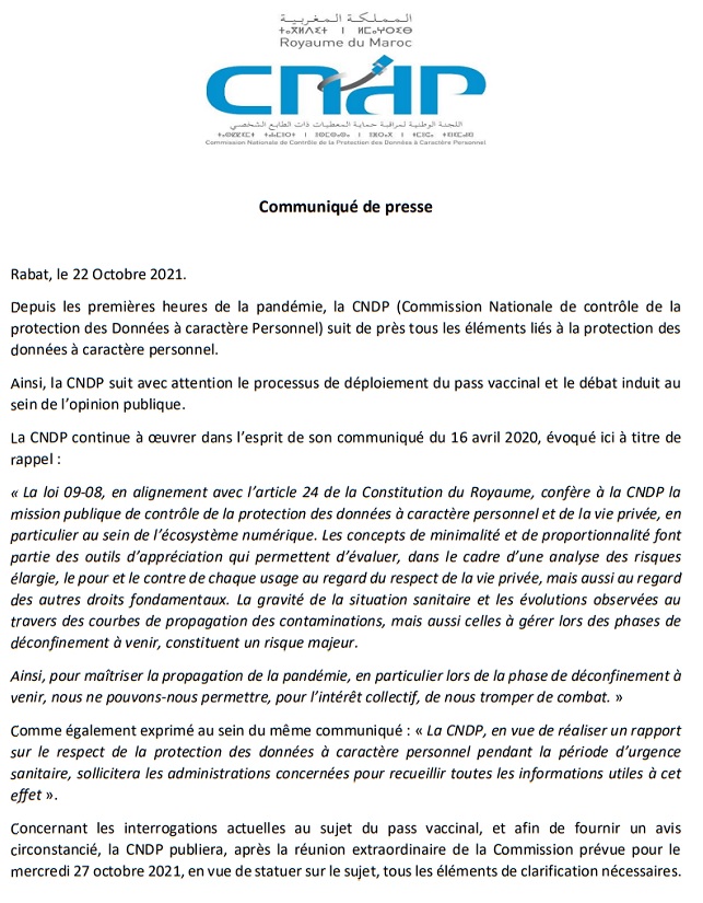 Pass vaccinal: la CNDP tiendra une réunion extraordinaire le 27 octobre