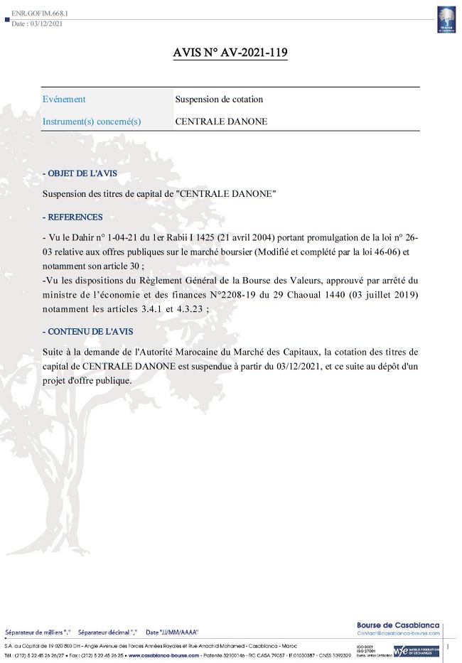 Suspension de la cotation de Centrale Danone à la bourse de Casablanca