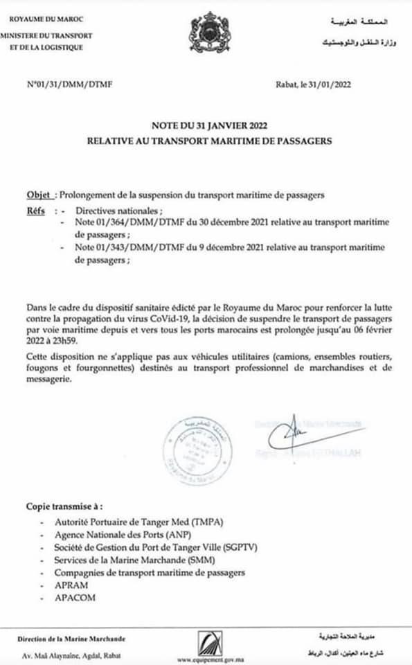 La suspension du transport maritime de passagers prolongée au 6 février