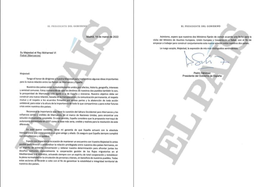 El País publie la lettre de Pedro Sánchez au Roi Mohammed VI