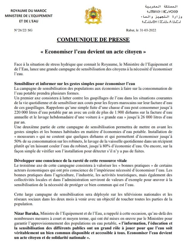 Lancement d’une campagne de sensibilisation contre le gaspillage de l’eau