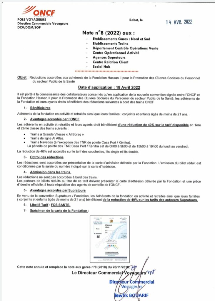 Tarifs ONCF : 40% de réduction au profit du personnel de la santé publique
