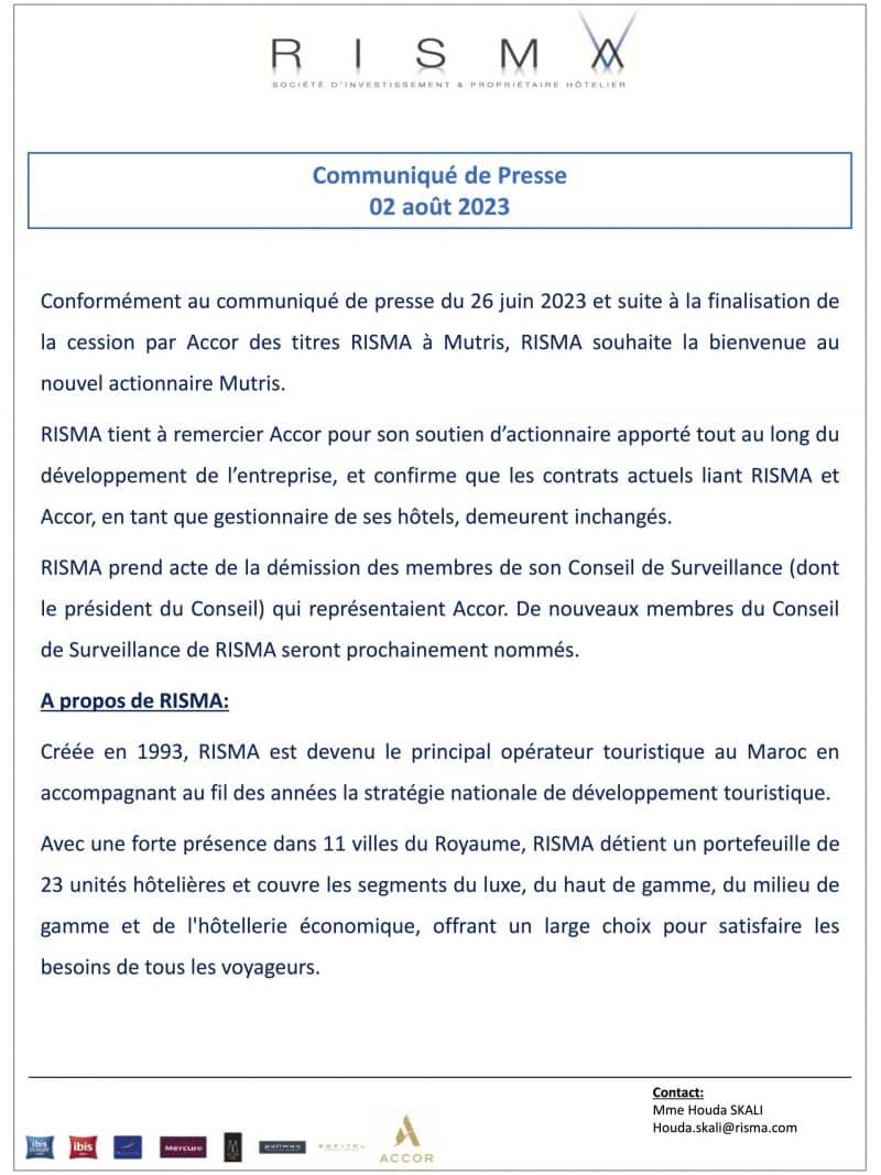 L'acquisition du tiers du capital de Risma par Mutris est actée
