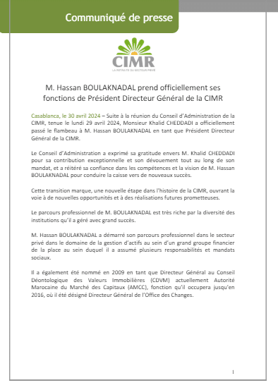 Hassan Boulaknadal prend ses fonctions à la tête de la CIMR