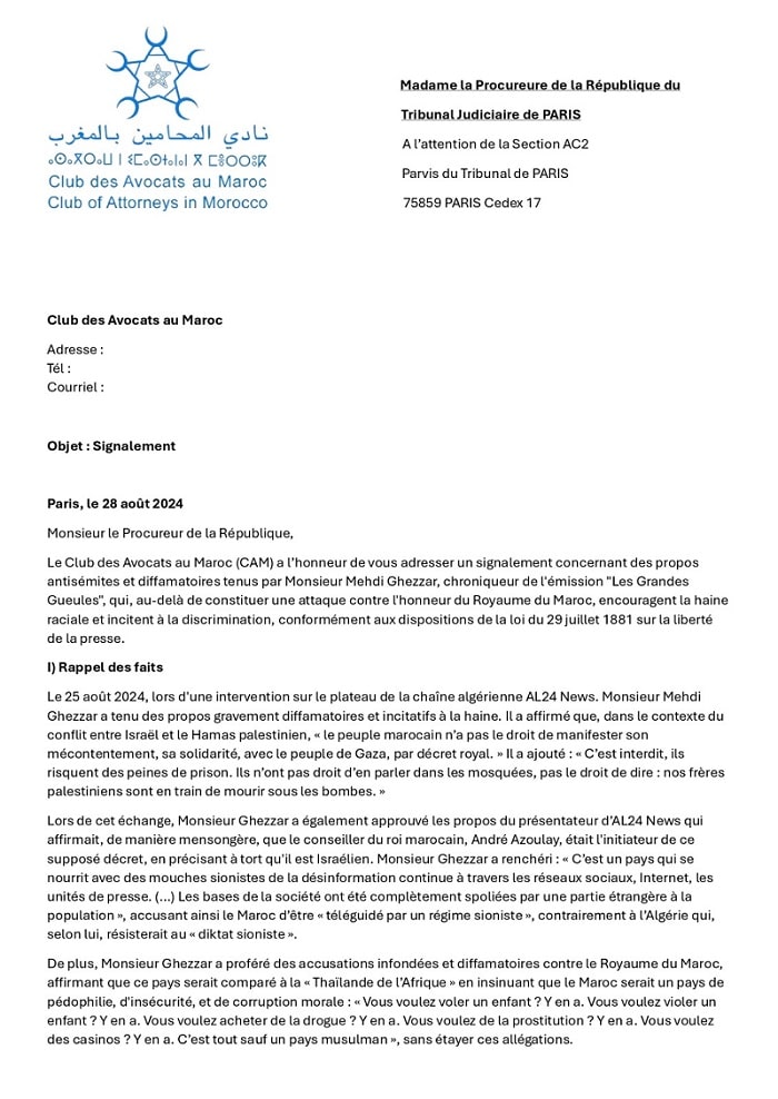 Le Club des Avocats dépose une plainte à Paris contre Mehdi Ghezzar pour propos antisémites