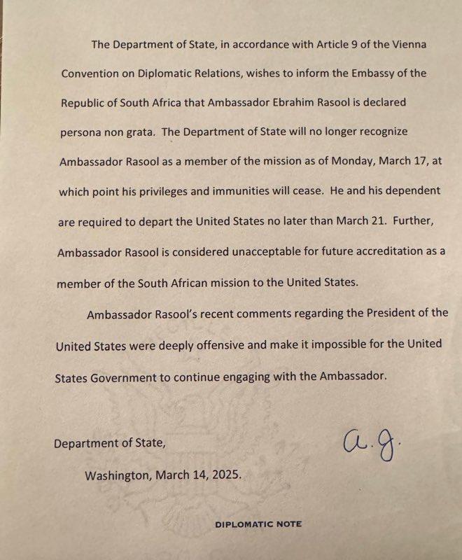 Entre Washington et Pretoria, un ambassadeur renvoyé et des relations au plus bas Entre Washington et Pretoria, un ambassadeur renvoyé et des relations au plus bas