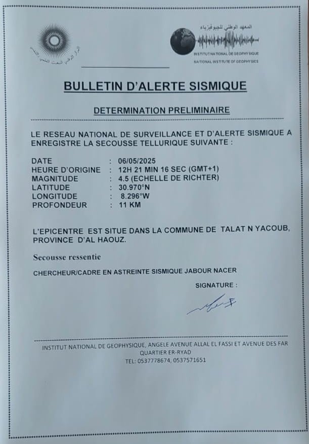 Une secousse de magnitude 4,5 ressentie à Talat N’Yacoub, province d’Al Haouz