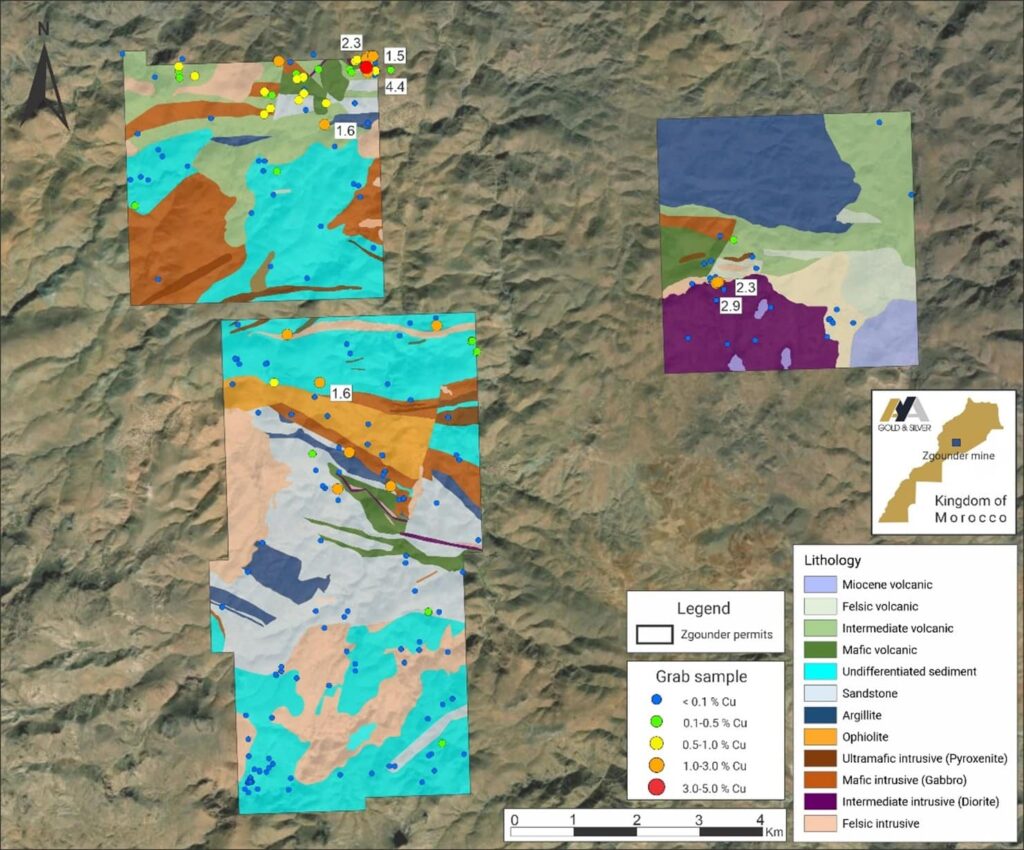 Carte montrant la répartition des teneurs des échantillons de cuivre dans le bloc de Zgounder Far East (voir la région nord et centre)