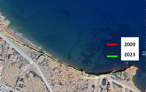 L'évolution du trait de côte entre 2009 et 2023 au niveau de Kariat Arkemane.