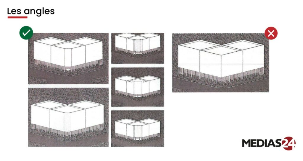 les angles de la façade, ils ne devraient pas montrer des angles droits ou de formes libres ainsi que des dortiques à largeur ou nombre variable d'une façade à l'autre.