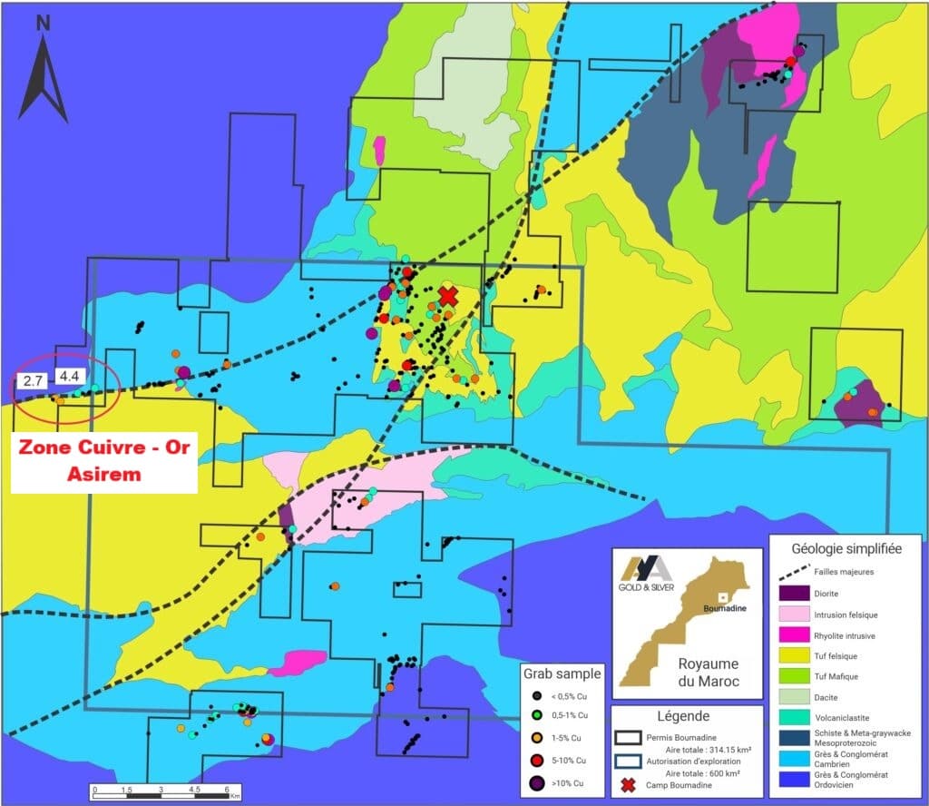 Aya Gold & Silver découvre une nouvelle zone à haute teneur en cuivre à Boumadine (province d’Errachidia) Situation de la nouvelle zone Cuivre-Or d'Asirem au sein du périmètre du gite de Boumadine.