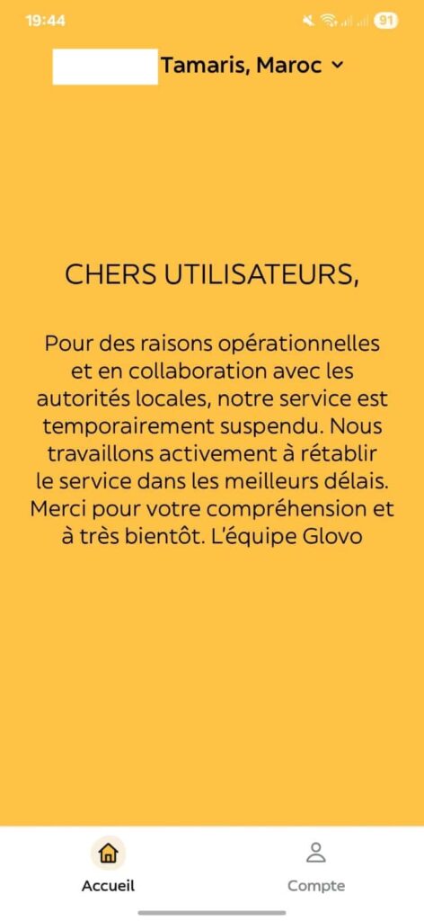 Glovo suspendu à Nouaceur, Dar Bouazza, Bouskoura
