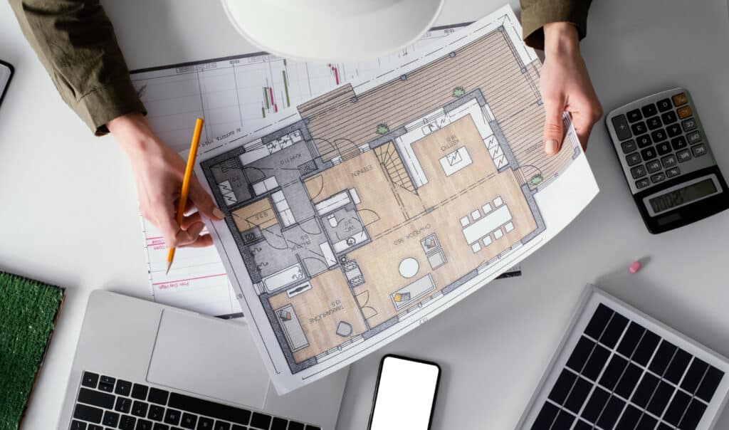 Une personne tenant un plan de construction