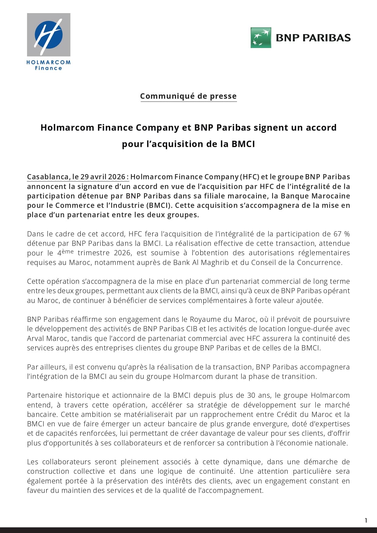 Officiel: Holmarcom prendra le contrôle de la BMCI et la fusionnera avec Crédit du Maroc