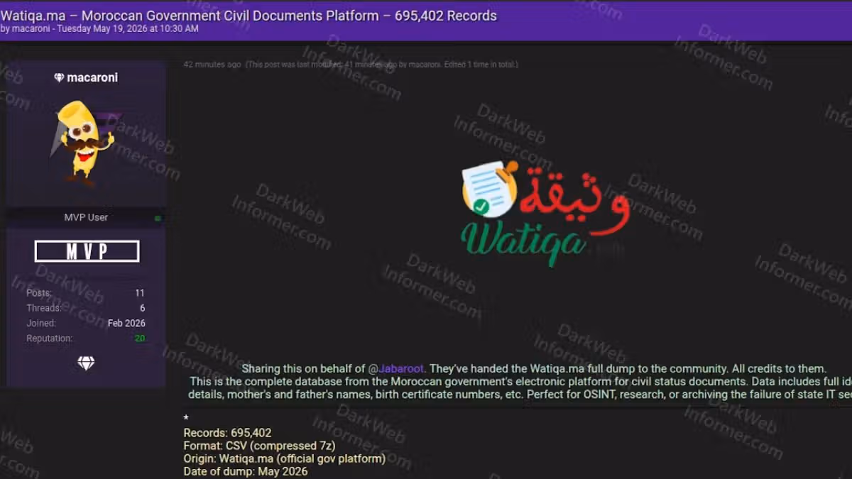 Fuite Watiqa.ma : noms, actes de naissance… près de 700.000 données d’utilisateurs exposées sur le net Fuite Watiqa.ma : noms, actes de naissance… près de 700.000 données d’utilisateurs exposées sur le net