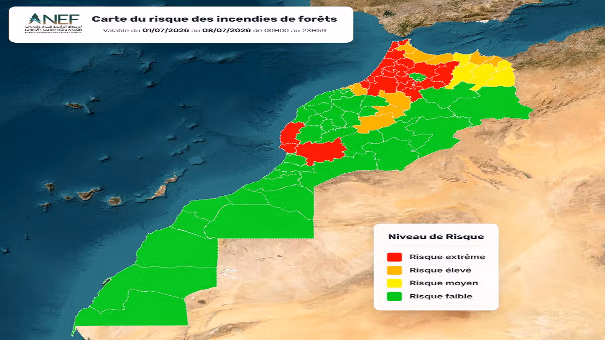 L'ANEF publie sa carte des risques d'incendies pour la période du 1er au 8 juillet.